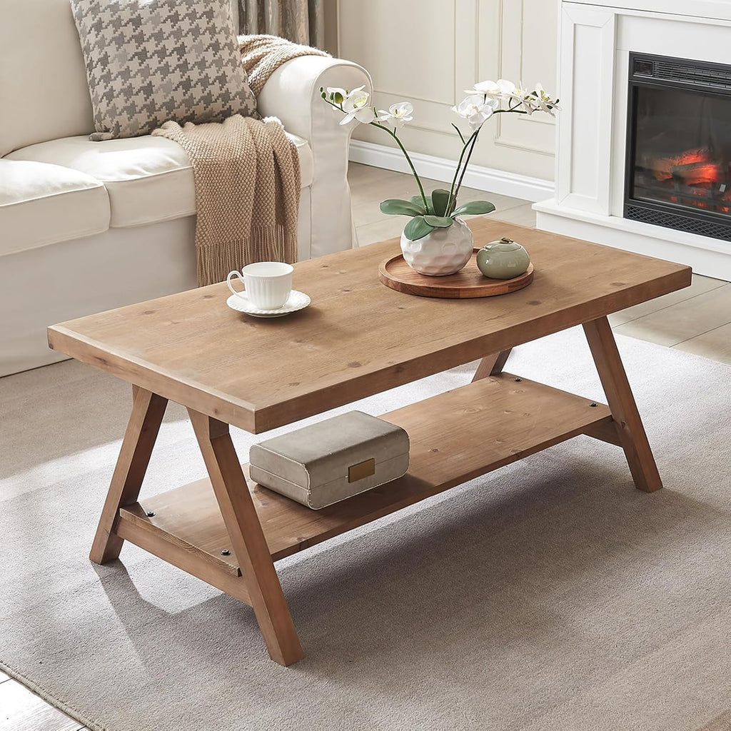 Farmhouse Coffee Table,Solid Wood Center Tables with Storage Shelves & Sturdy A-Shaped Legs