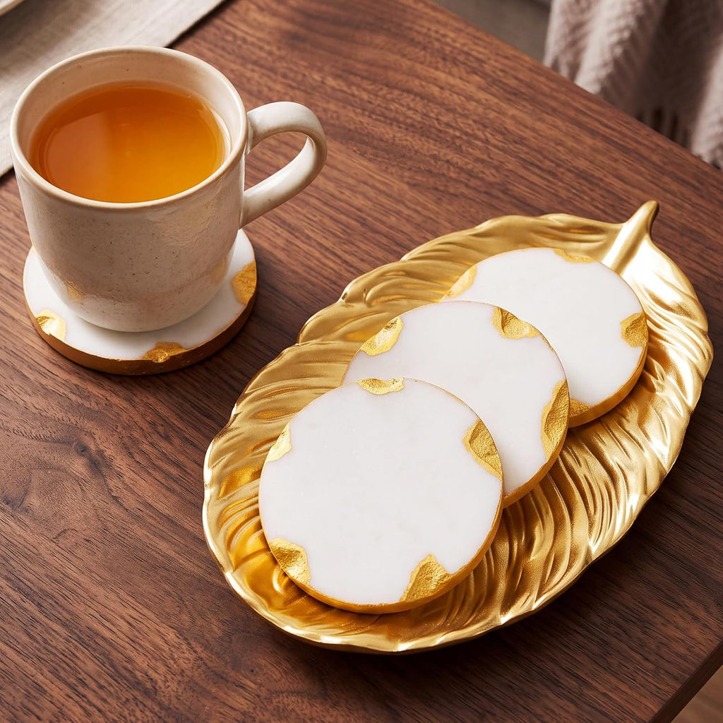 White Marble Coasters with Gold Leaf Tray Set Decorative Round Drink Coasters with Gold Foil Edge for Coffee - Set of 5