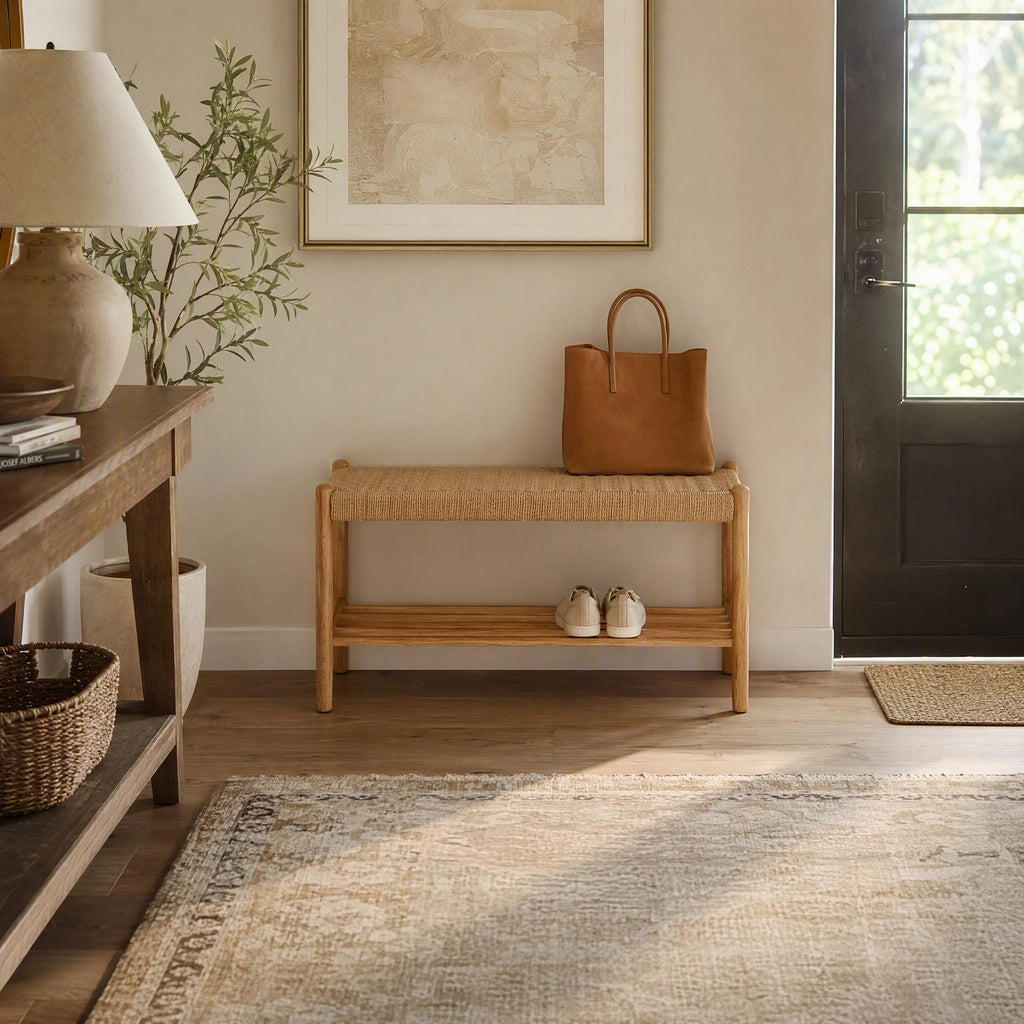 Solid Wood Shoe Bench, Natural Woven Entryway Bench for Small Spaces