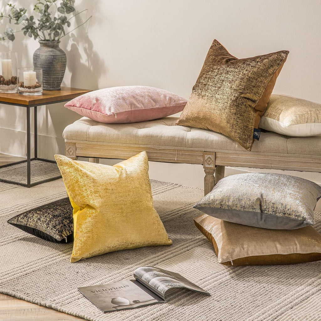 Pack of 2 Sparkling Velvet Decorative Solid Throw Decorative Pillow Cover Soft Gold Glitter Square Cushion Cover