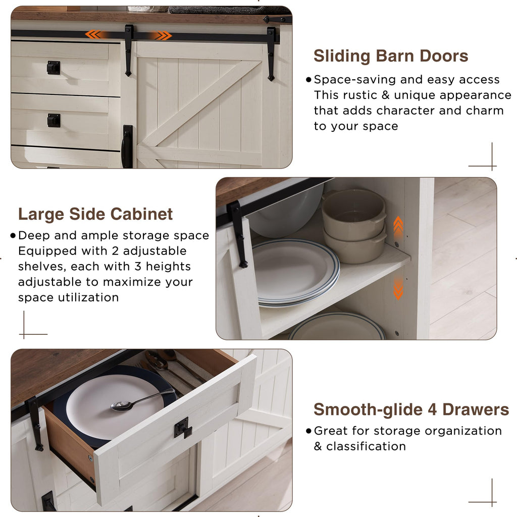 60" Wide Farmhouse Sideboard Buffet Cabinet, Antique White