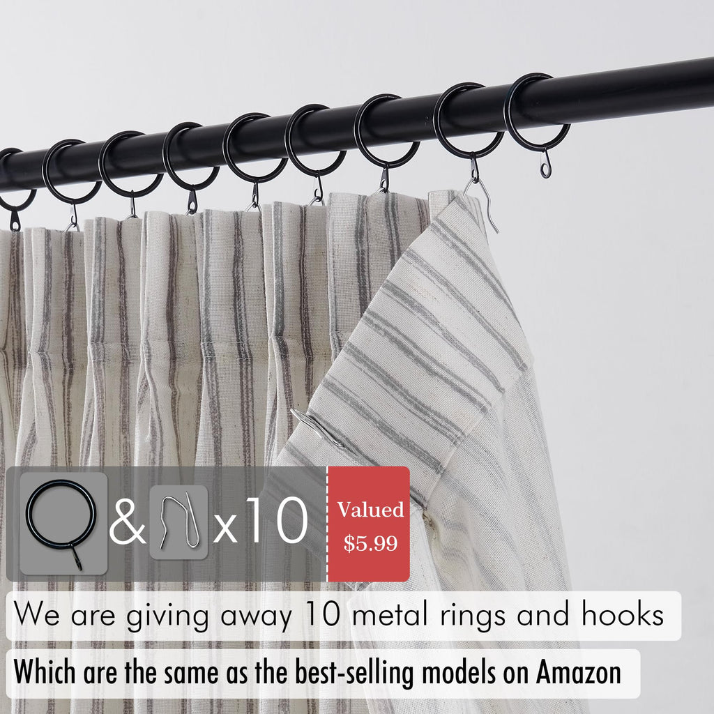 Pinch Pleated Curtains Window, Striped Kitchen Tier Curtain with Hooks Rings, Gray and White Ticking Stripe Curtains