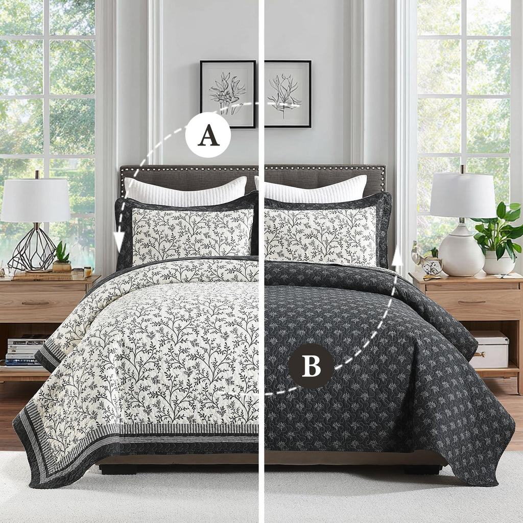 100% Cotton Quilt Set - Farmhouse Botanical Quilts Bedding Set, Chic Reversible Bedspreads Coverlet