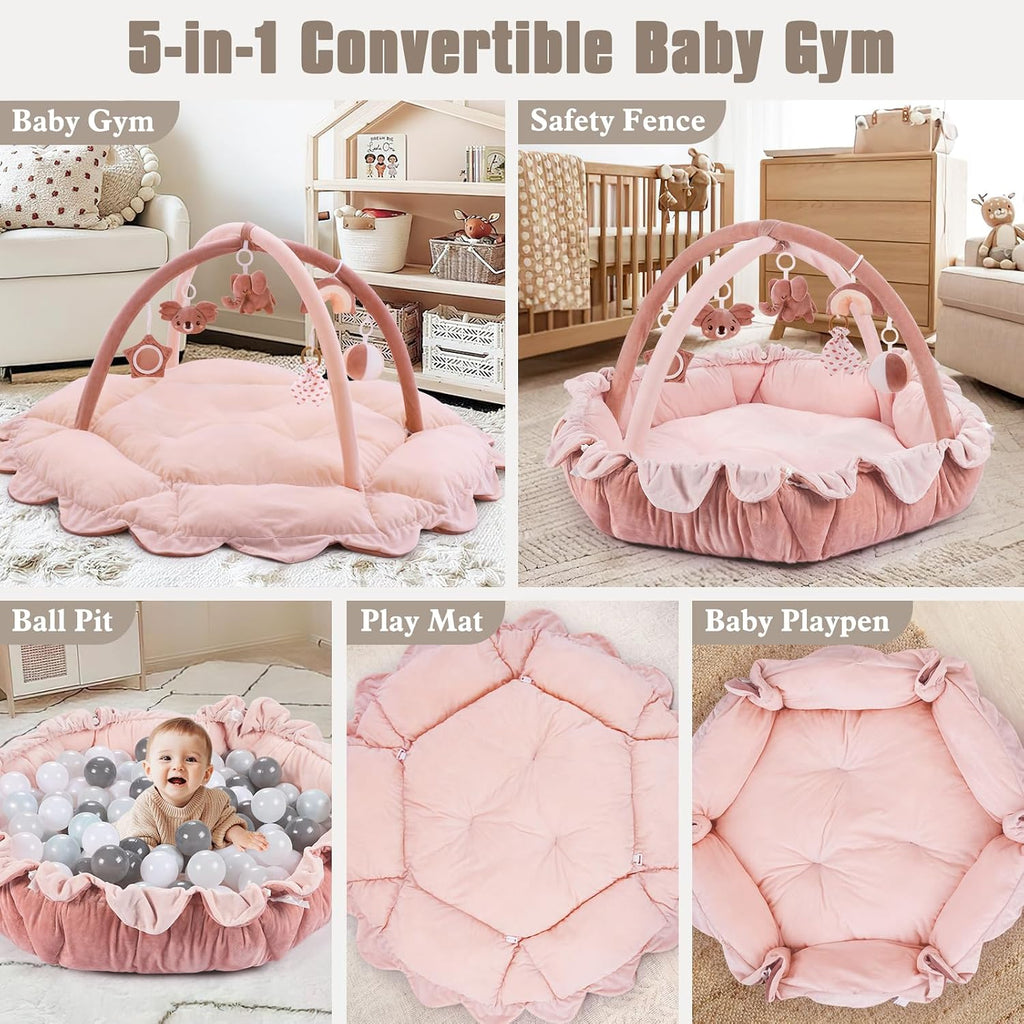 In-1 Plush Baby Play Gym, Activity Mat with Convertible Gym, Baby Gym 6 Sensory Toys, Play Center for Newborn to