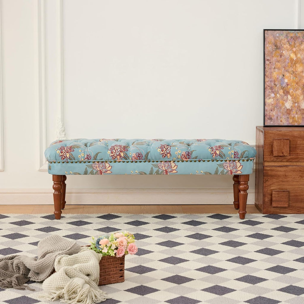 47" Tufted Floral Upholstered Entry Bench, Backless Padded Ottoman Benches with Turned Solid Wood Legs, Modern Indoor