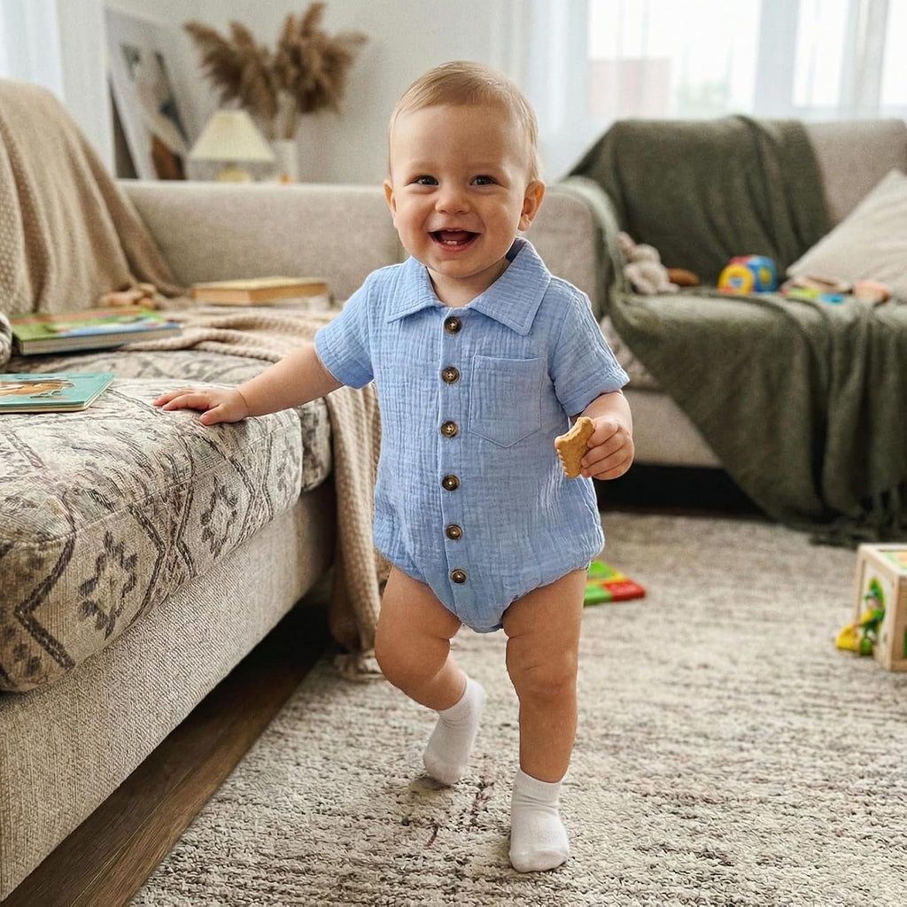 Summer Newborn Baby Boy Cotton Linen Romper Short Sleeve Button Down Jumpsuit Romper One Piece Outfit