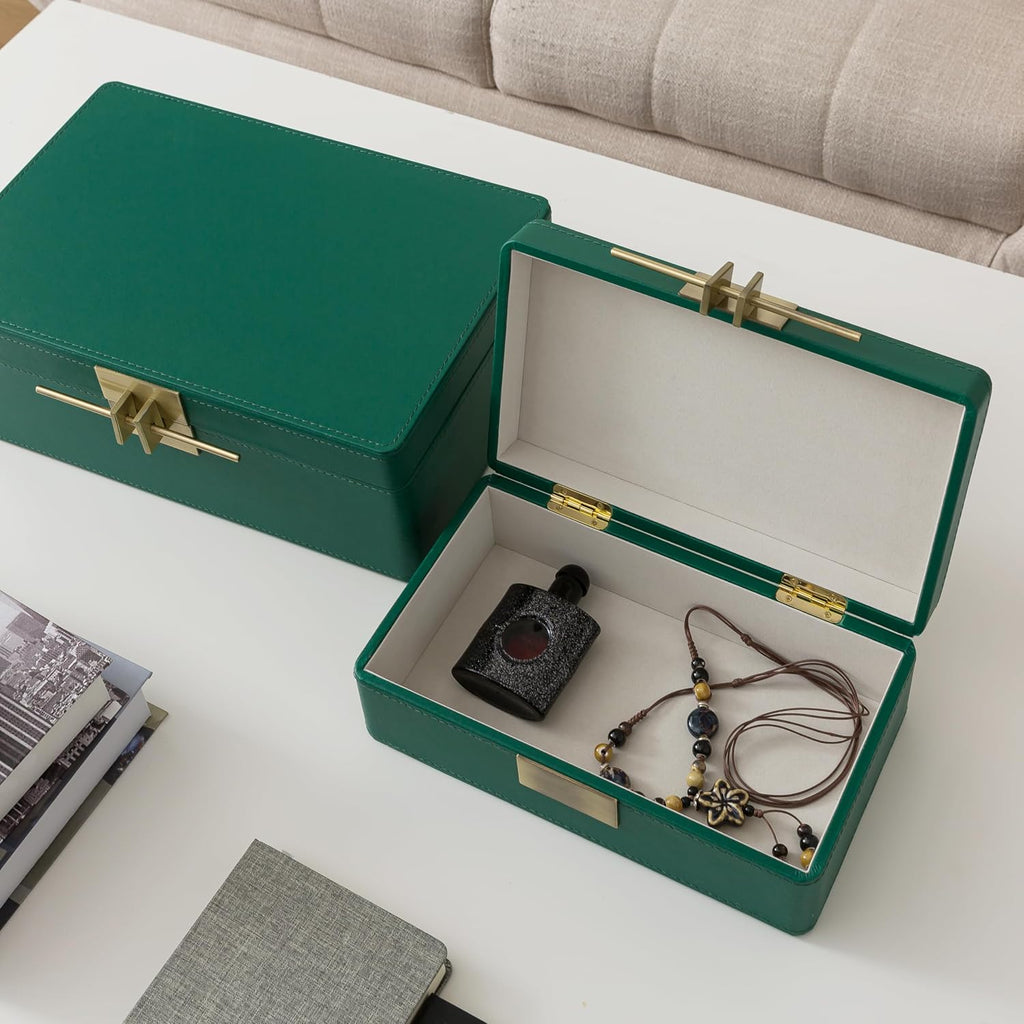 Faux Leather Boxes with Lids, Emerald Green - Set of 2