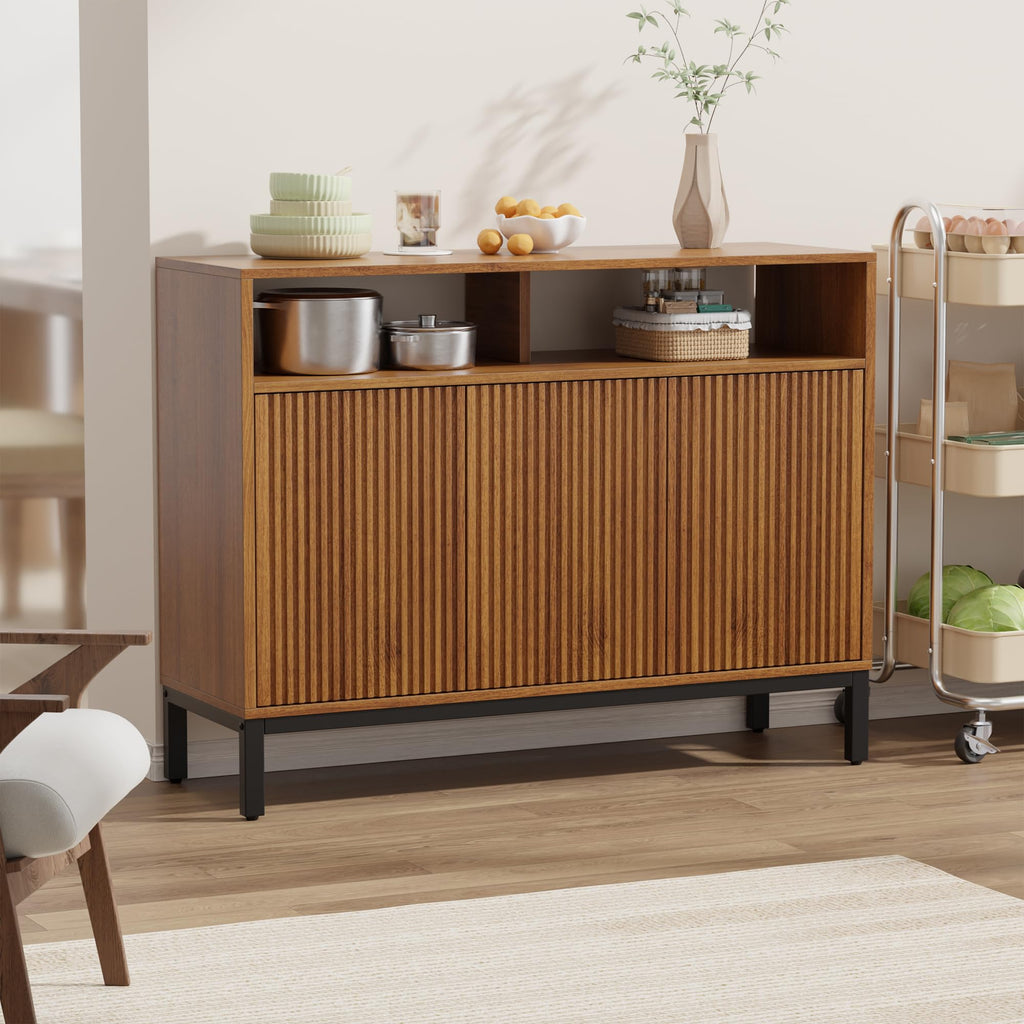 Fluted Sideboard Buffet Cabinet with Open Storage, Modern Large Credenza