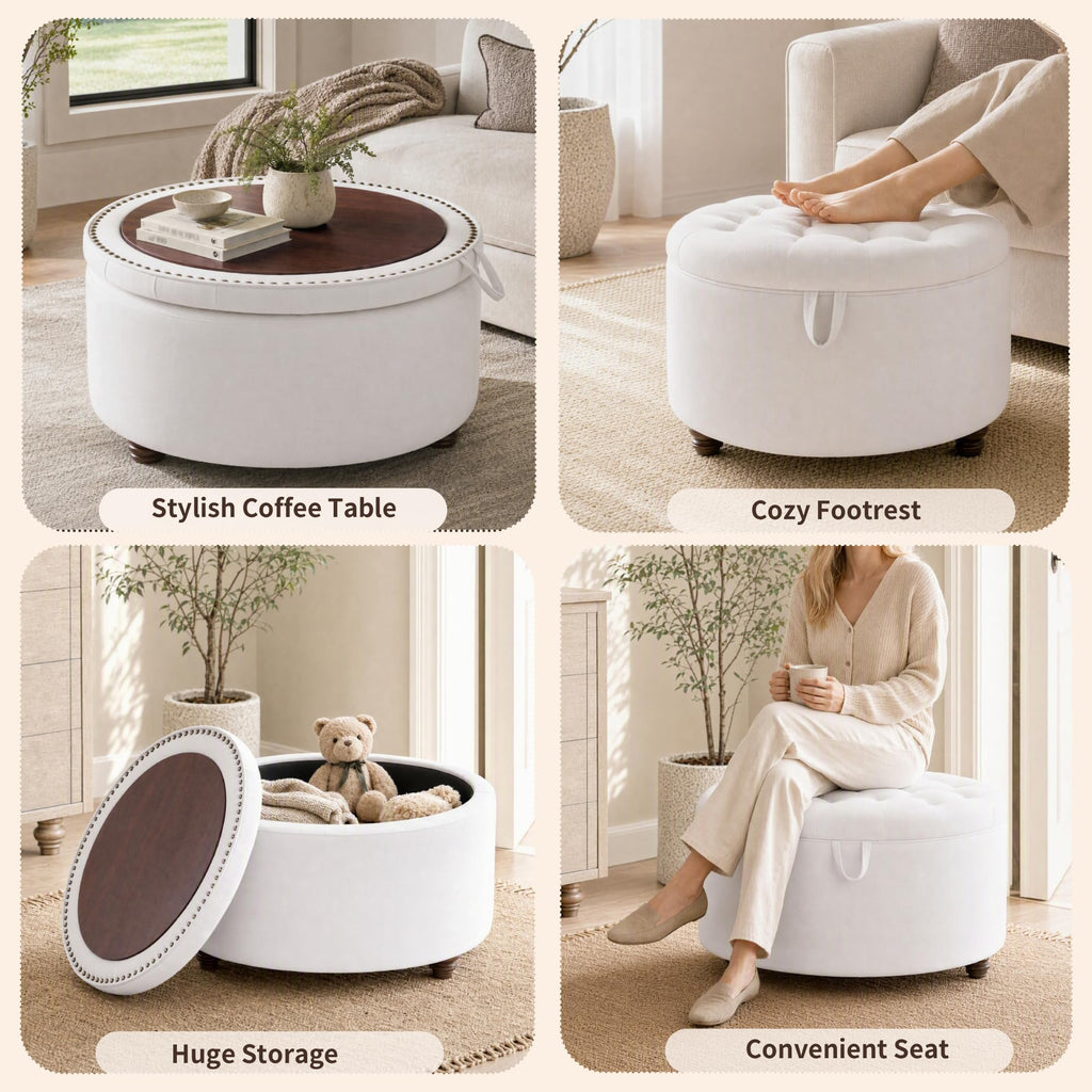 30" Round Storage Ottoman Coffee Table, Tufted Lid & Wood Top, Beige