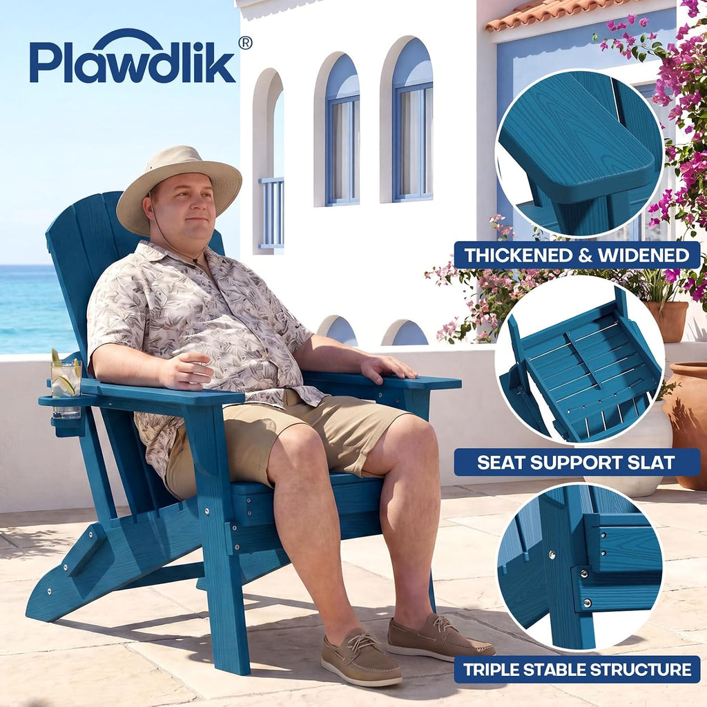 HDPE Folding Adirondack Chair Set of 2 with Cup Holder, Navy | SGS Tested, Wooden Textured, Heavy All-Weather HDPE
