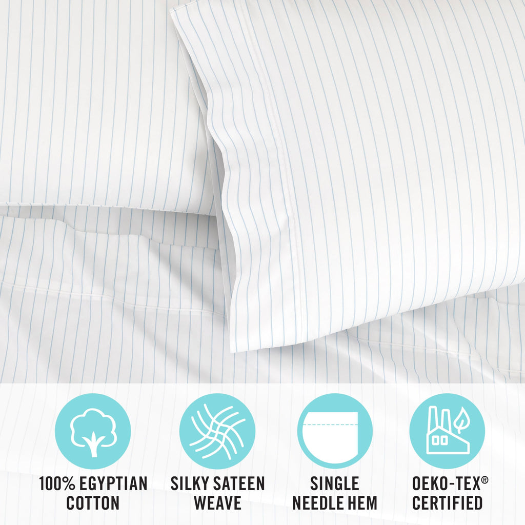 100% Egyptian Cotton 3-Pc Sateen Sheet Set, 400 TC, Light Blue/White, 1 Flat and 1 Fitted Sheet, 1 Std Pillowcase
