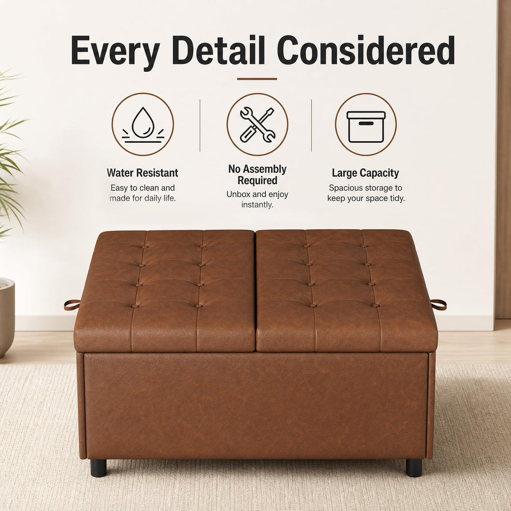36 Inch Extra Large Brown Leather Lift Top Living Room Storage Ottoman