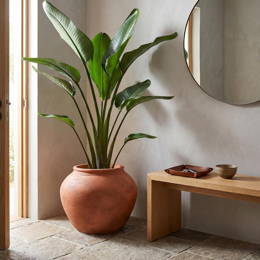 14" H x 17" Dia Fiberstone Distressed Terracotta Planter Pot with Drainage Hole, Large Vintage Indoor Outdoor Flower