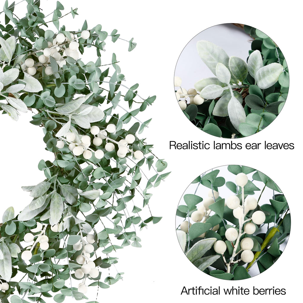 Artificial Greenery Leaves Wreath for Front Door 22 Inch Greenery Boxwood Wreath with Flocked Lambs Ear White Berries