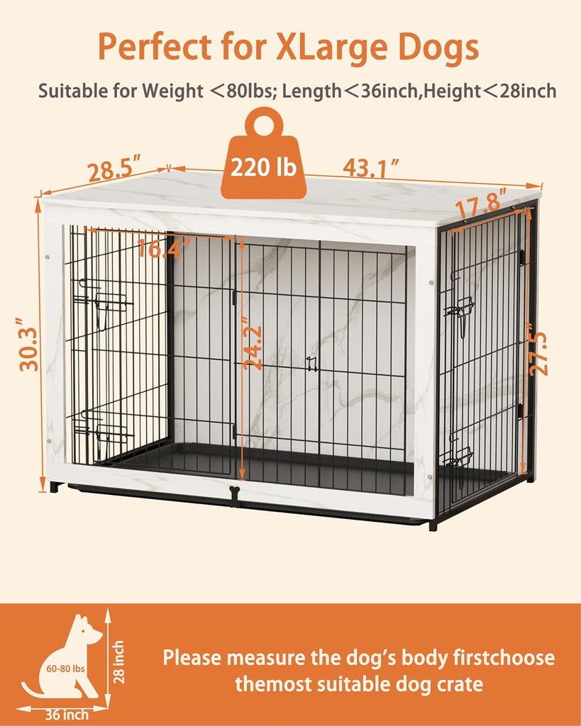 Wooden Dog Crate Furniture with Cushion, Large Dog Crate End Table with Tray, Double Doors Kennels Indoor (43.1"
