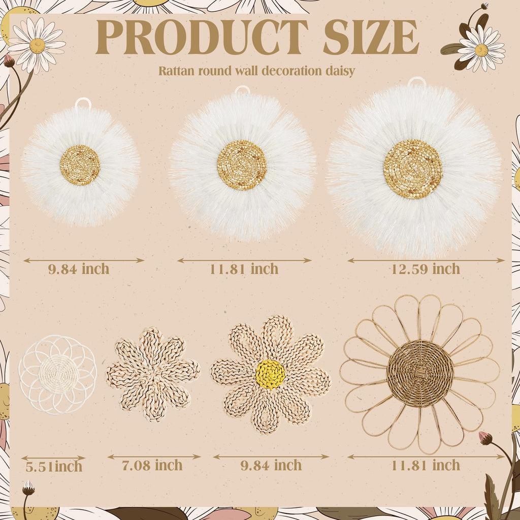 7 Pcs Boho Wall Basket Decor Rattan Flower, Milky White