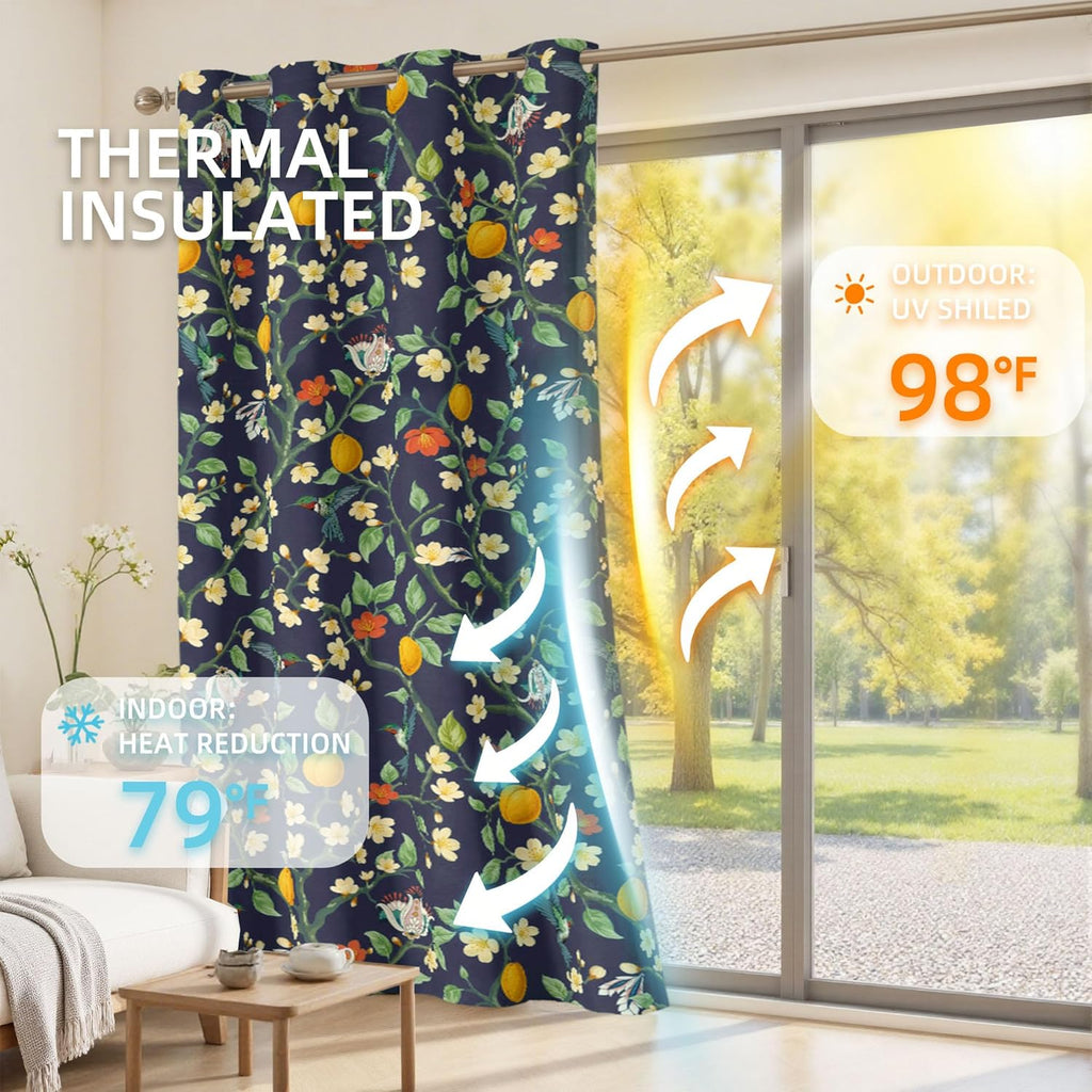 Floral Curtains 100% Blackout, Vintage Hummingbird Black Out Curtain 84 Inches Long, Patterned Thermal Insulated
