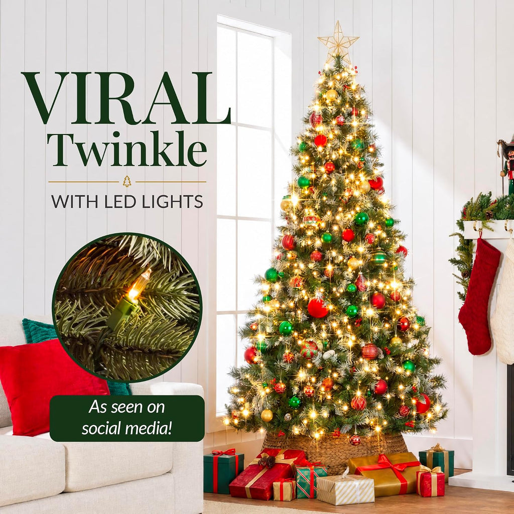 Christmas Tree Pre-Lit w/Viral Twinkling Lights, Pre-Decorated Artificial Frosted Pine Holiday Decoration w/ 250