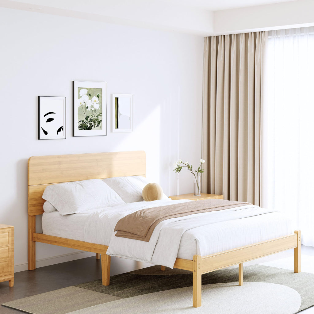14" Full Size Bamboo Wood Platform Bed Frame with Headboard, Natural