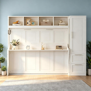 Queen Horizontal Murphy Bed with Desk, Wardrobe, Storage Drawers & Shelves, White