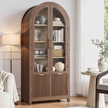 69" Tall Arched Cabinet with Glass Doors, 5-Tier Shlelves, Walnut | Mid Century Modern Fluted Bookcase, Pantry