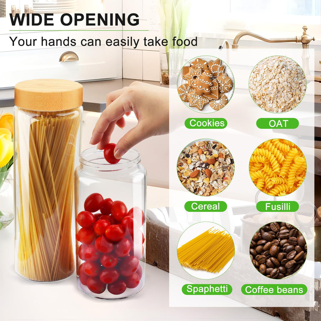 Airtight Glass Jar with Lid, Glass Storage Containers with Screw On Bamboo Lids, for Cookie, Pasta, Cereal Storage
