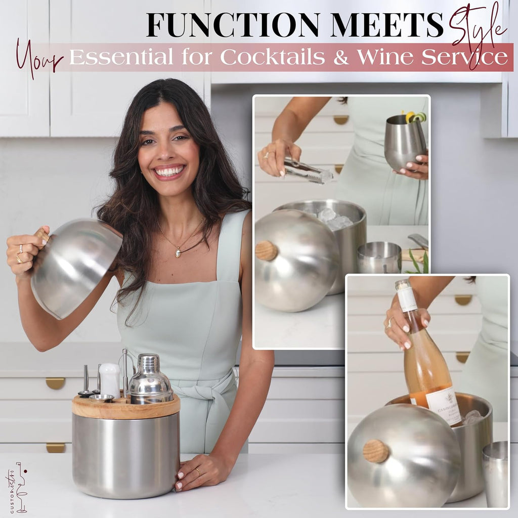 Cocktail Set Bartender Kit with Stainless Steel Ice Bucket - Complete Mixology Bar Tool Set with Wooden Organizer