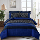 Luxudecor Blue Comforter Set Queen, 7 Pieces Stripe Geometric Bed in a Bag, Geometric Comforter and Sheet Set