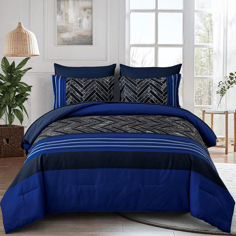 Luxudecor Blue Comforter Set Queen, 7 Pieces Stripe Geometric Bed in a Bag, Geometric Comforter and Sheet Set