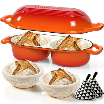 Complete Mini Double Dutch Oven Kit for Sourdough Bread - Enameled Cast Iron Bread Pan with Deep Dual Loaf Pots