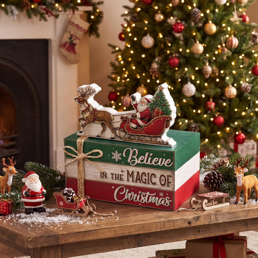 4 Pcs Christmas Santa Sleigh Table Decoration Wooden Book Stack Sign