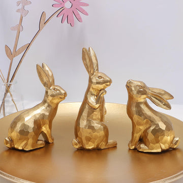 Easter Bunny Figurines Decor, Mini Resin Golden Bunnies Spring Sculpture Tabletop Ornament, Rabbits Festival - Set of 3