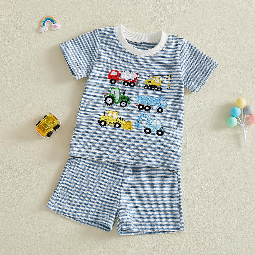 Toddler Baby Boy Summer Clothes Waffle Truck Embroidery Short Sleeve Tops T-Shirt and Shorts Sets Cute 2Pcs Outfits