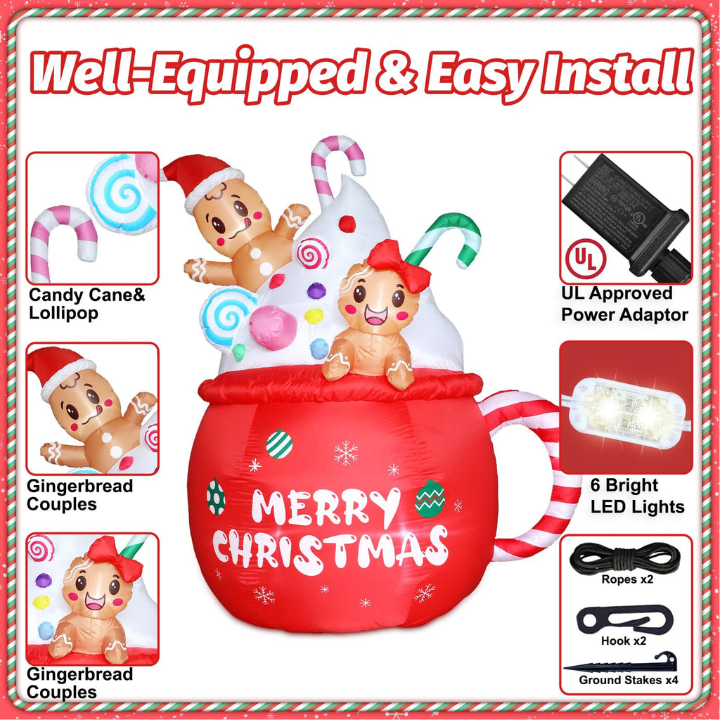 Christmas Inflatable Outdoor Decorations 6FT Gingerbread Inflatables Christmas Blow Up Gingerbread Man Hot Cocoa Mug
