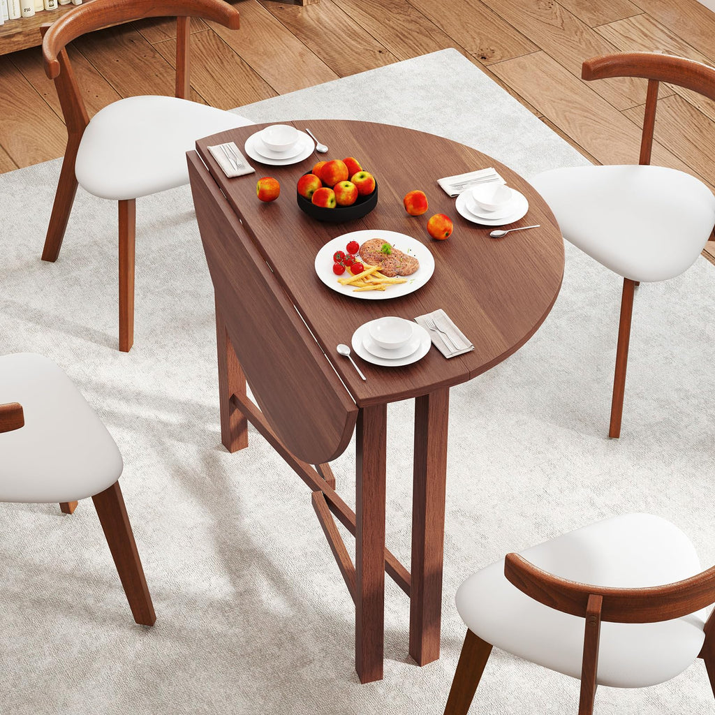 36" Folding Dining Table for 2-4, Round Drop Leaf Kitchen Table with Solid Wood Legs, Space Saving Extendable Table
