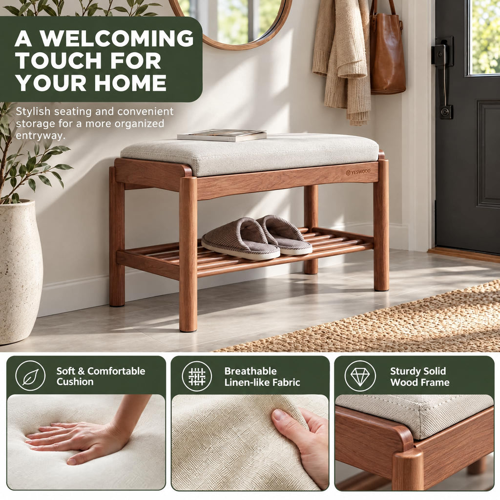 Solid Wood Shoe Bench, 24 Inch Entryway Bench with Light Gray Cushion