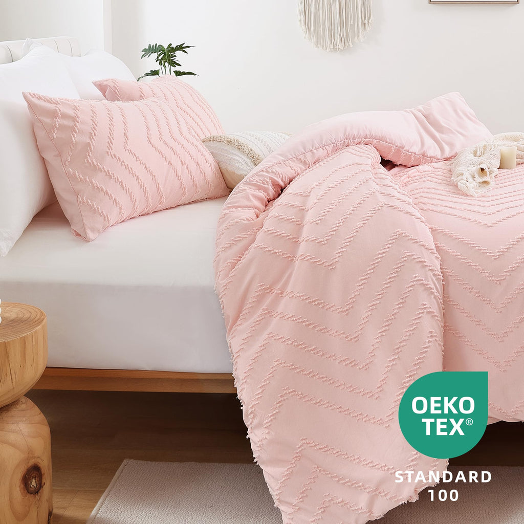 King Size Comforter 3Pcs, Blush Pink Boho Chevron Bedding Sets