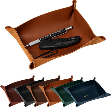 Personalized Leather Valet Tray - Made in USA - Custom Monogramed Full Grain Leather Catchall Tray for Men, Desk