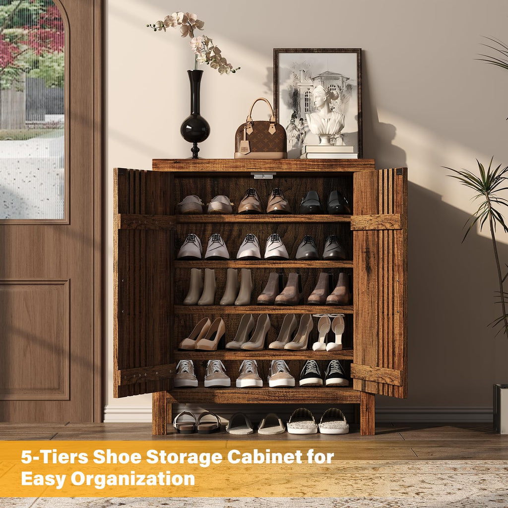 Wooden Shoes Cabinet with Adjustable Shelves, Retro Freestanding Shoe Organizer Cabinet Hallway Living Room, 5-Tier