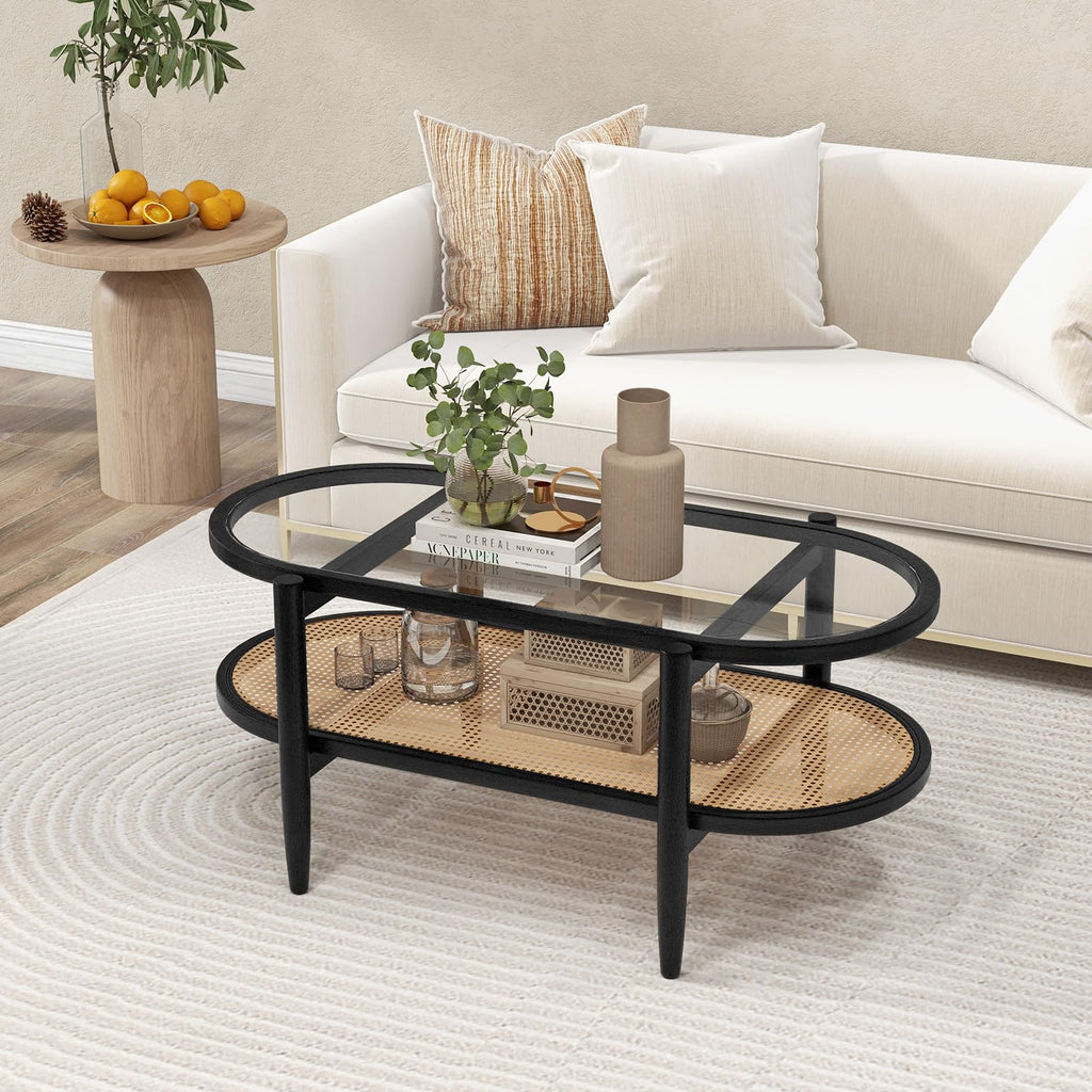 Rattan Coffee Table, 40"L Boho Oval Acacia Wood Cocktail Table with Tempered Glass Tabletop & PE Rattan Storage
