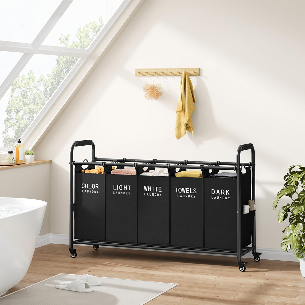 5 Bag Laundry Sorter, 5 Section Laundry Hamper with Wheels, Black