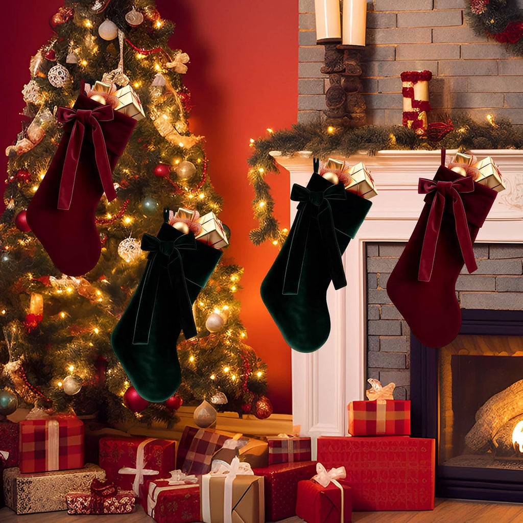 20 Inch Velvet Christmas Stocking, Christmas Decor Soft Velvet Stockings with Large Decorative Bow Luxury Velvet