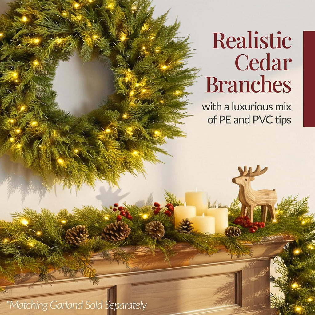 Pre-Lit Cedar Cypress Christmas Wreath w/Twinkling LEDs, 48in Realistic Large Indoor/Outdoor Holiday Decor for Door