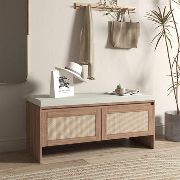 39.4" Shoe Storage Bench with Rattan Doors & Cushion, Natural
