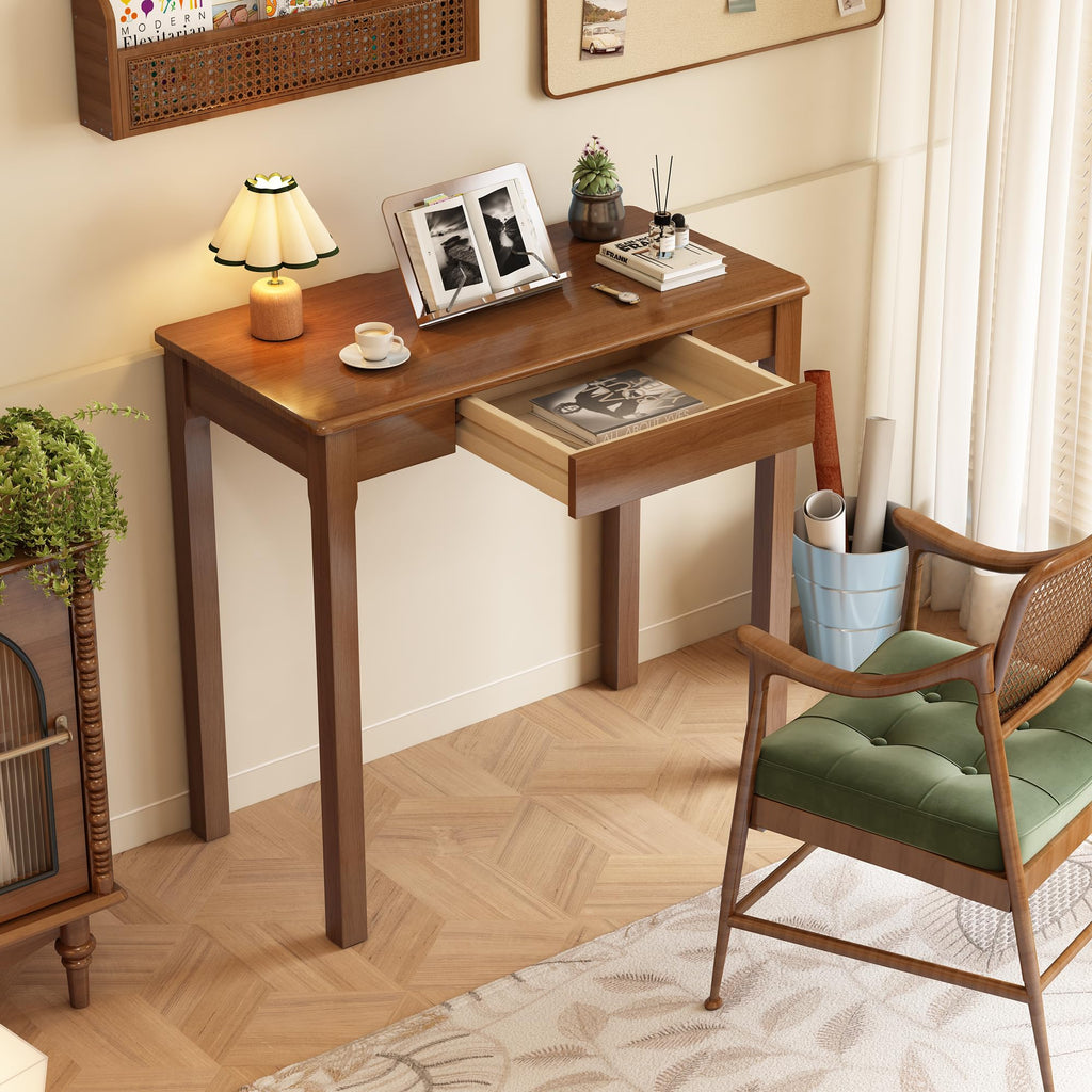 Solid Wood Desk with Drawers - 32 x 16 Inch Vintage Narrow Desks, Mid Century Modern Desks, Rubber Wood Study Table