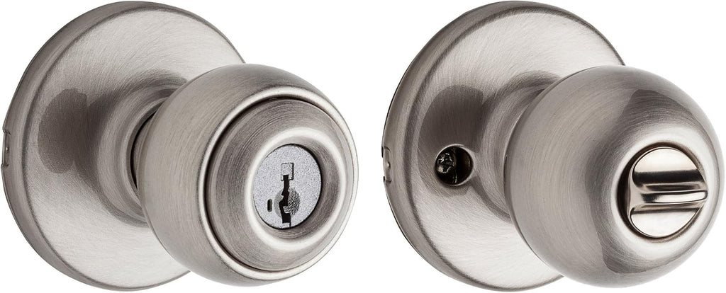 Polo Entry Door Knob with Lock and Key, Secure Keyed Handle Exterior, Front Entrance and Bedroom, Satin Nickel, Pick