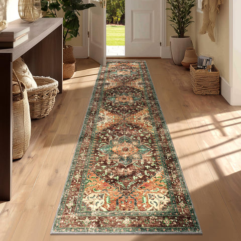 2x8 Washable Boho Runner Rug, Low Pile Non-Slip Carpet for Hallway Kitchen
