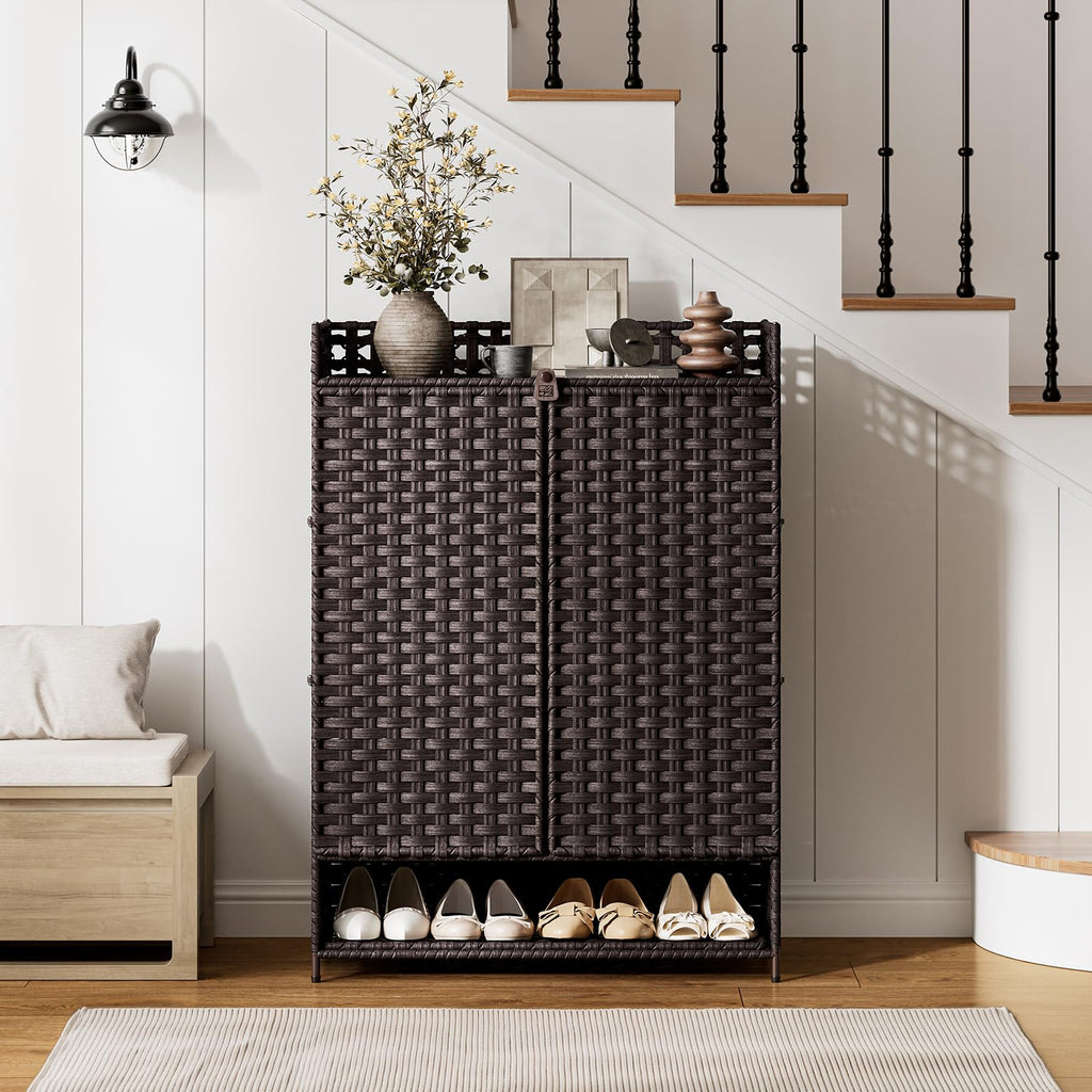 Rattan Shoe Cabinet, 6-Tier 39.8" Tall Shoe Storage Cabinet with Adjustable Shelves, 20 Pairs Storage Cabinet with