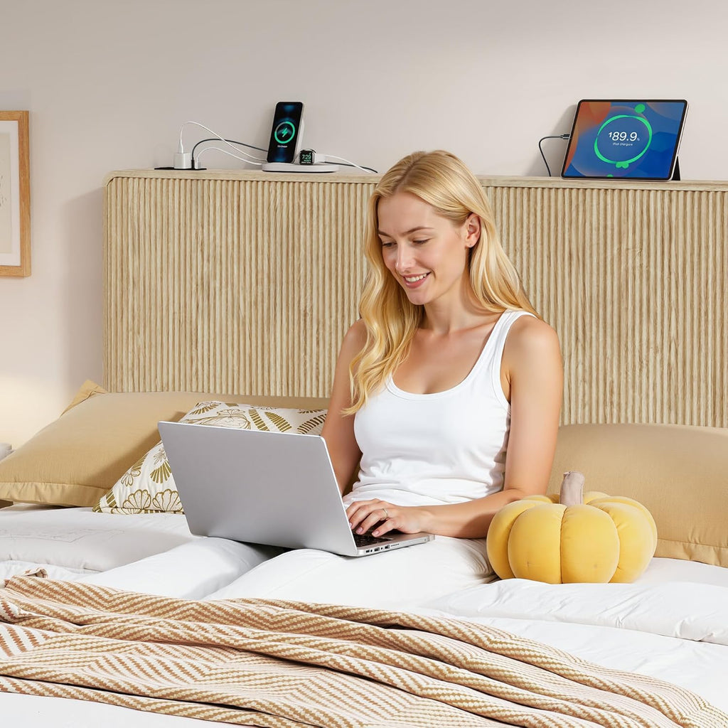 Wood Fluted Headboard King, Modern Wall Mounted Headboard King Headboard Only with 2 Outlets and USB & Type C Port