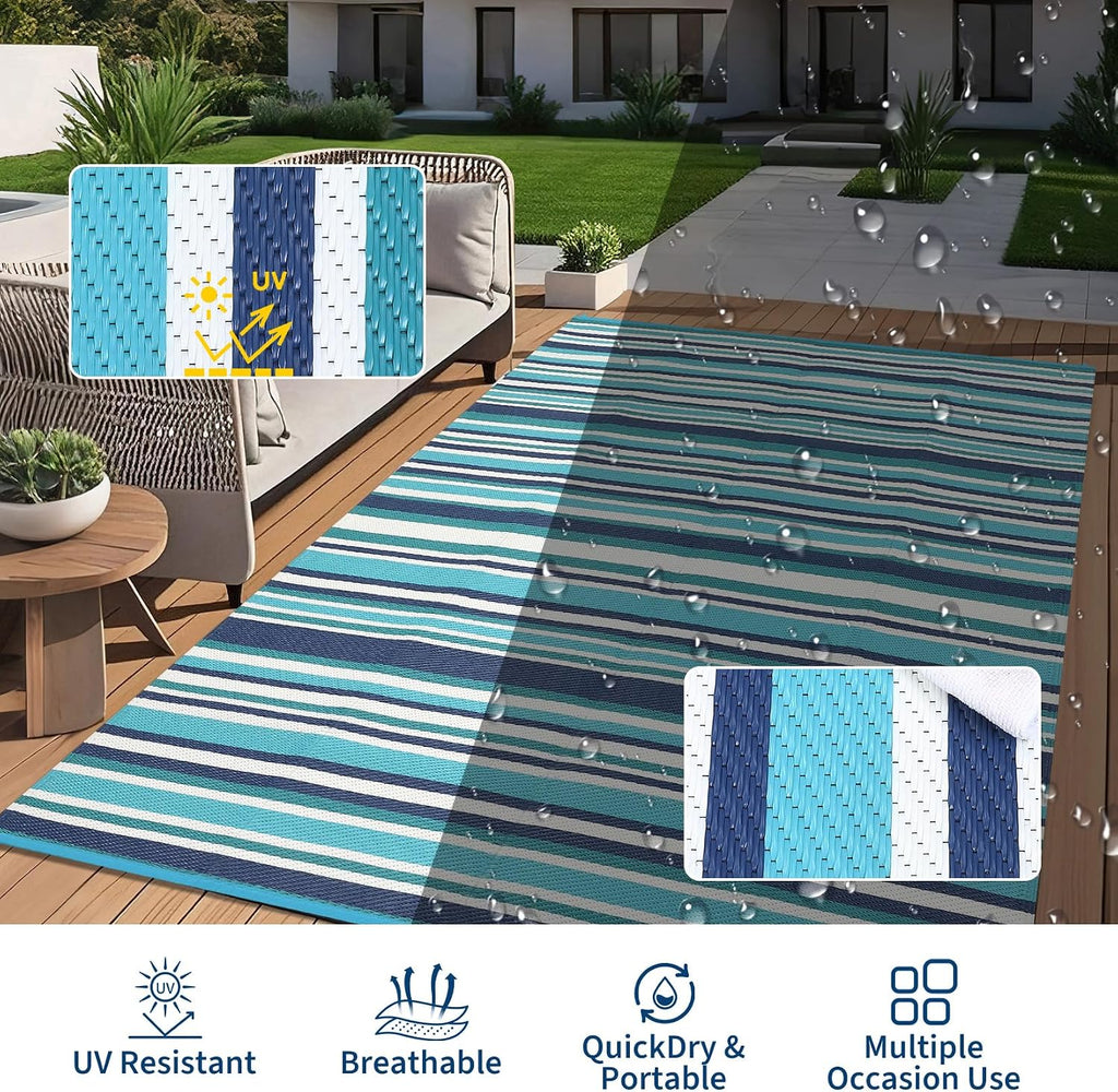Large Outdoor Rug Waterproof Plastic Straw Rug Geometric Striped Outdoor Area Rug Modern Lines Outside Carpet